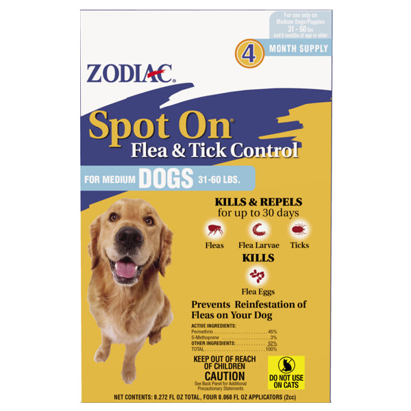 Zodiac Spot-On Flea & Tick Control for Dogs 31-60 lbs, 4pk